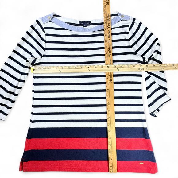 Tommy Hilfiger Striped Boat Neck Top Breton M Nautical Preppy Chambray Navy Red - Picture 10 of 10
